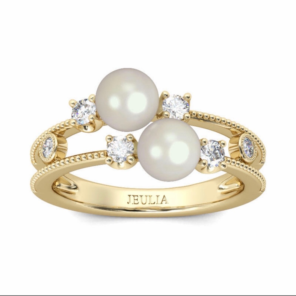 Jeulia Split Shank Faux Pearl Sterling Silver Ring